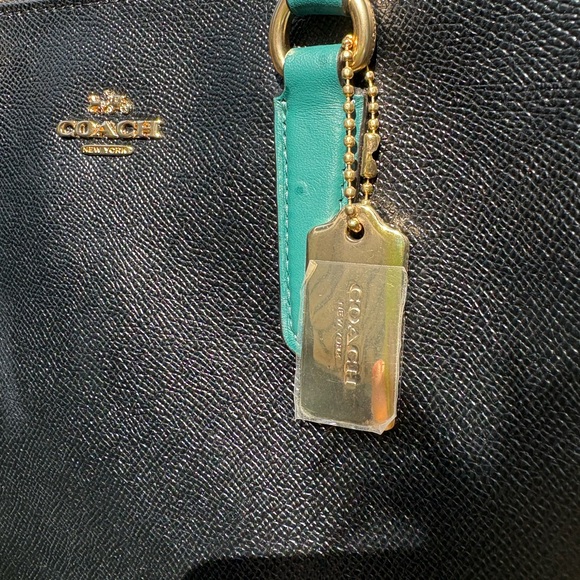 Coach Surrey Carryall Black Satchel w/ Ostrich Embossed Teal Leather Handles - Picture 4 of 15